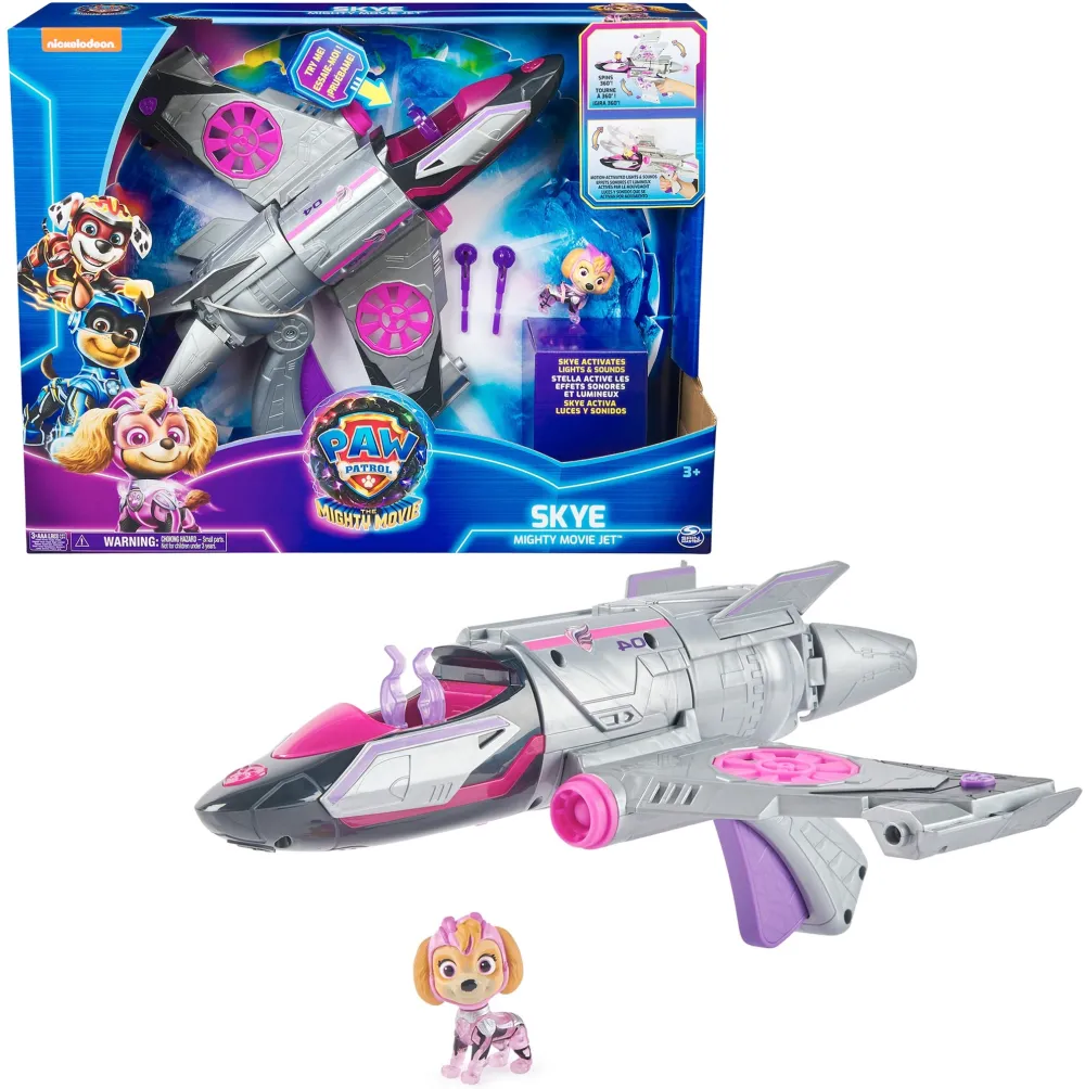 Avion de jucarie Spin Master Paw Patrol The Mighty Movie Skye Deluxe Superhero Jet cu figurina Skye, argintiu/roz
