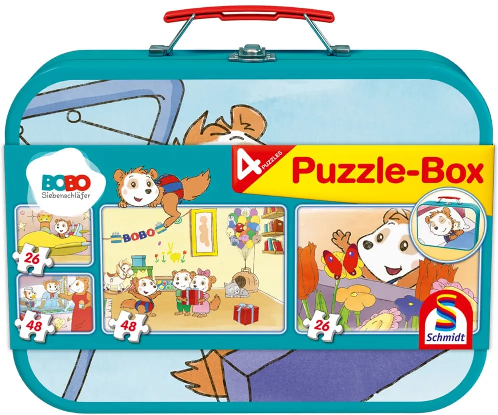 Schmidt Spiele Bobo Dormouse puzzle box in metal case (2x 26 pieces, 2x 48 pieces)