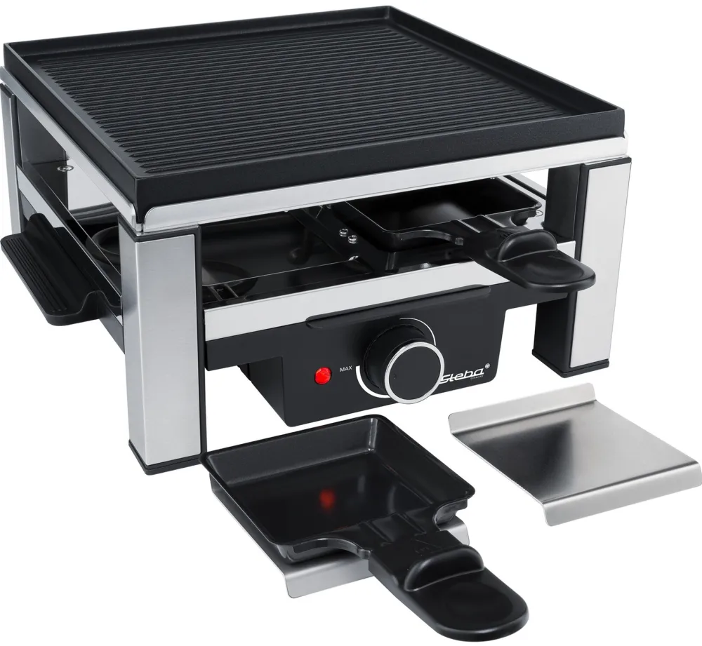 Gratar raclette Steba RC 104 cu 4 tigai, placa 25 x 25 cm, 900 W, negru/inox