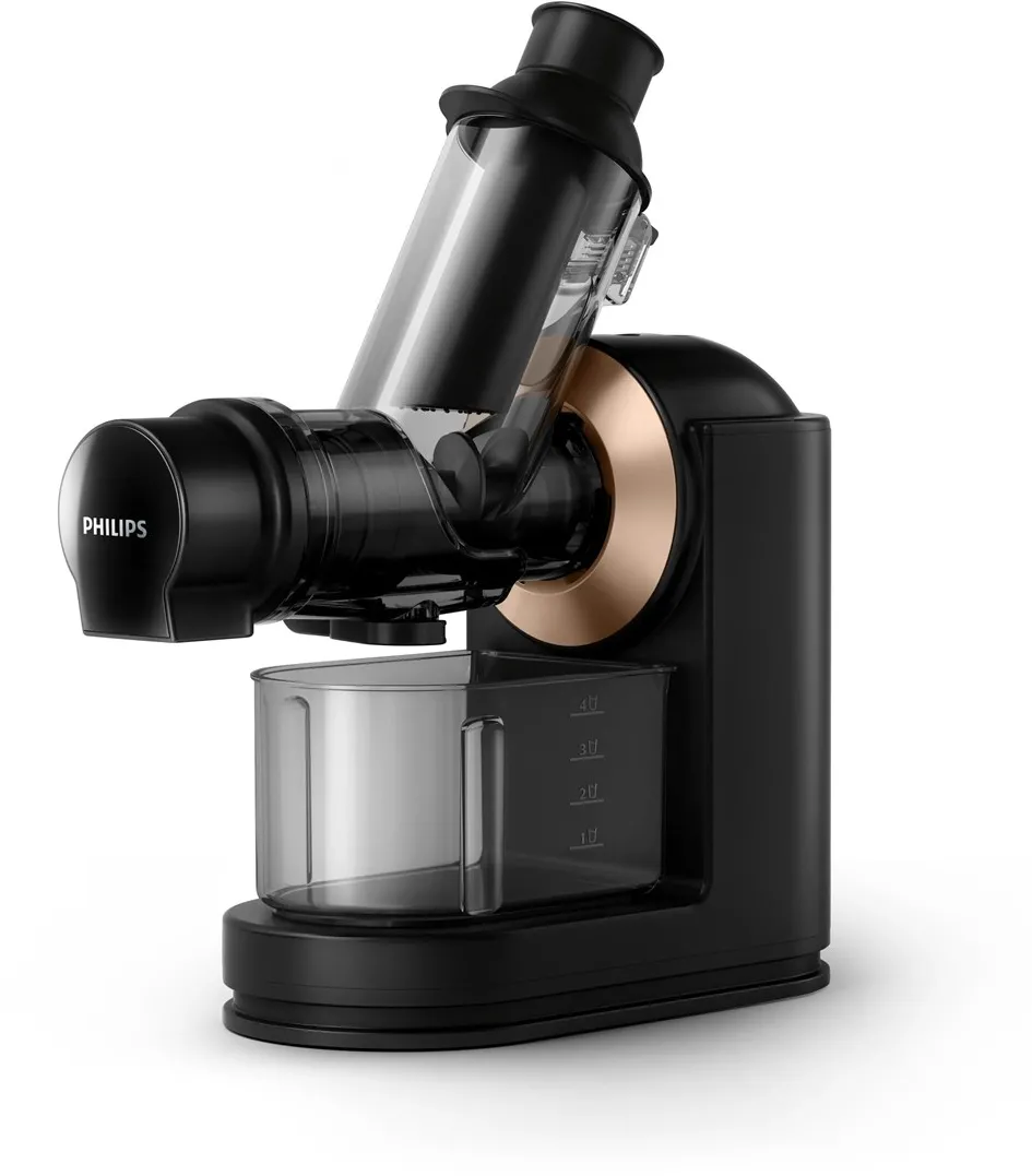 Storcator de fructe si legume prin presare la rece Philips Viva Collection HR1888/70, 150 W, capacitate vas 1 l, Recipient pulpa 0.75 l, Tub de alimentare 70 mm, Negru/Auriu