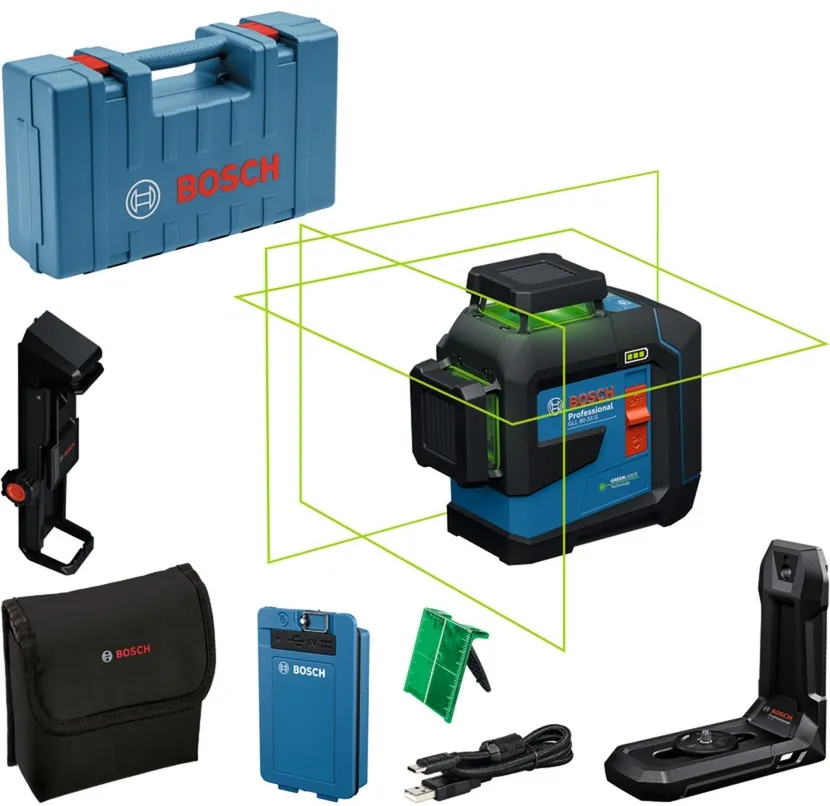 Bosch Powertools line laser GLL 80-33 G Professional (blue/black, Li-ion battery 3.0Ah, green laser lines, incl. universal holder LB 10, ceiling clamp DK 20)