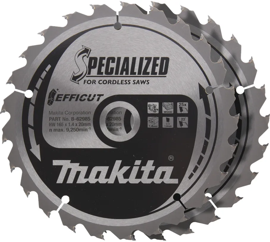 Makita circular saw blade EFFICUT B-62985-2, ? 165mm, 25 teeth, 2 pieces, 20mm bore, for cordless saws