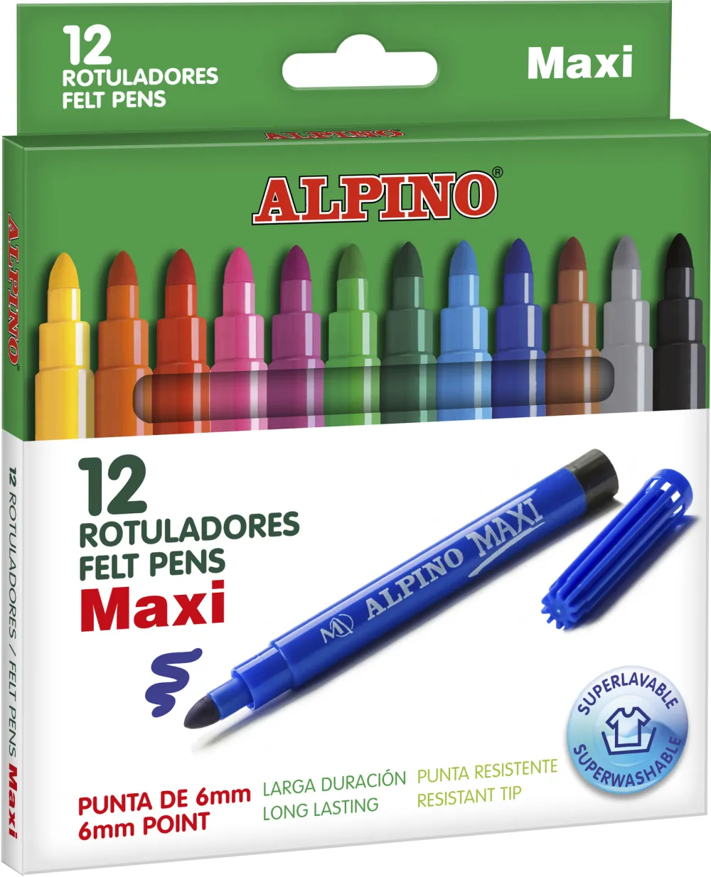 Carioca lavabila, 12 culori/cutie, ALPINO Maxi