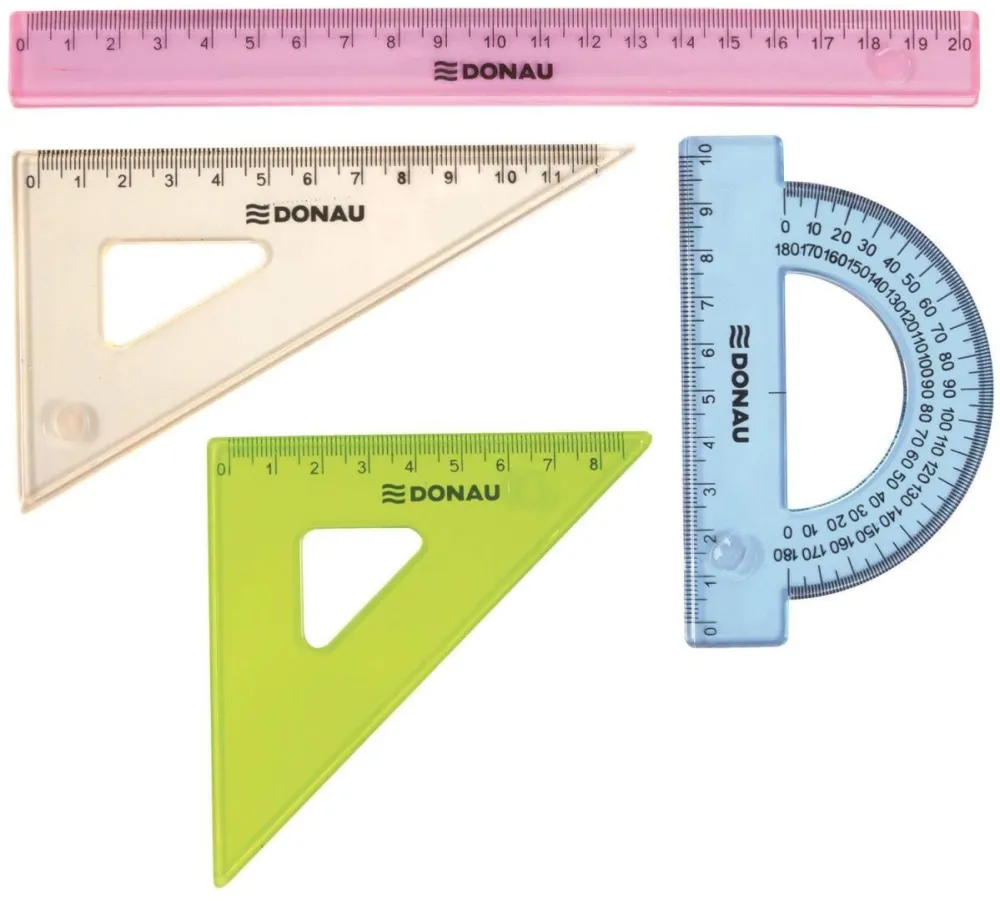 Set geometrie mic, contine: rigla 20cm, raportor, echer 10.5cm, echer 15cm, DONAU - culori asortate