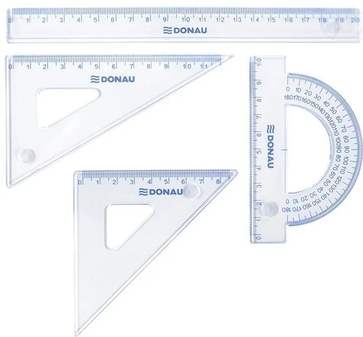 Set geometrie mare, contine: rigla 30cm, raportor, echer 13cm, echer 19cm, DONAU - transparent