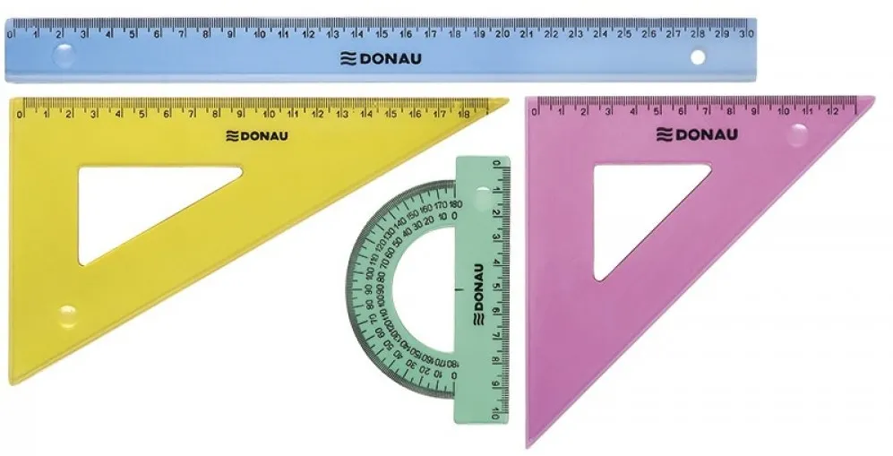 Set geometrie mare, contine: rigla 30cm, raportor, echer 13cm, echer 19cm, DONAU - culori asortate