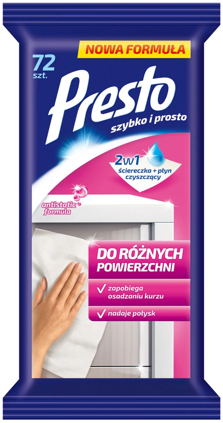 Servetele umede pentru suprafete din plastic sau laminate, 72 buc/pachet, Presto - efect antistatic
