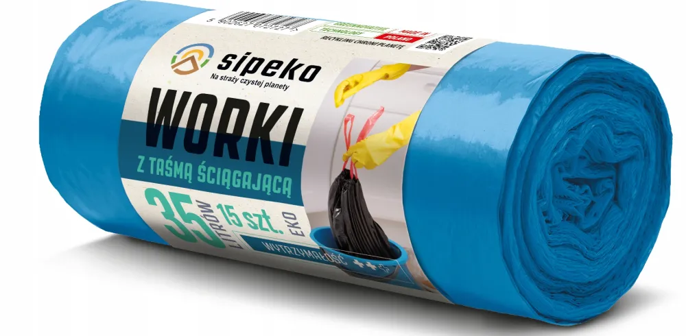 Saci menajeri super strong LDPE, 35L, cu snur, 50 x 60cm, 25 microni, 15buc/rola, Sipeko - albastri
