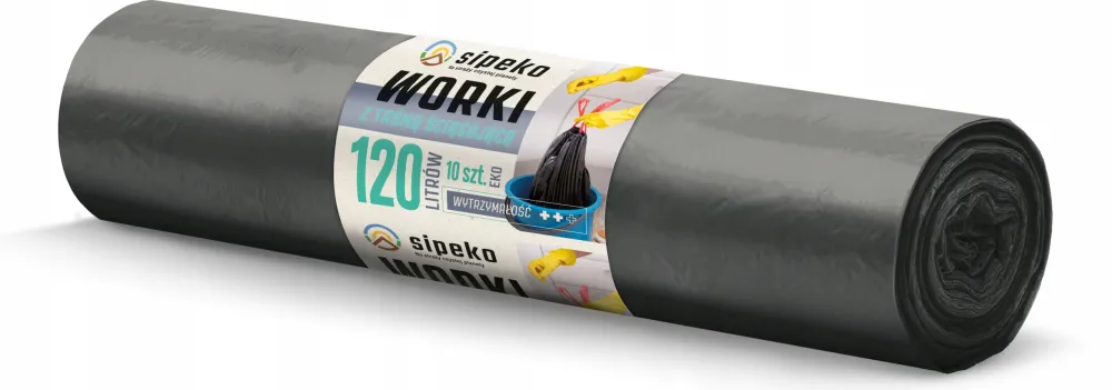 Saci menajeri super strong LDPE,120L, cu snur, 70 x 105cm, 25 microni, 10buc/rola, Sipeko - negri