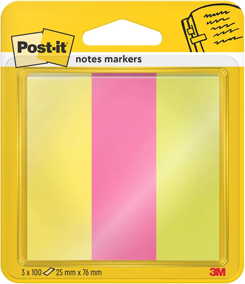 Marker pagina Post-it®, culori neon asortate, 25 mm x 76 mm, 100 file/ bucata, 3 bucati/ pachet, 100% PEFC