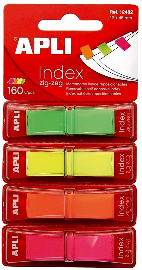 Index Apli, autoadeziv zig-zag, 12 x 45 mm, 4 culori mate (rosu, galben, verde, albastru)