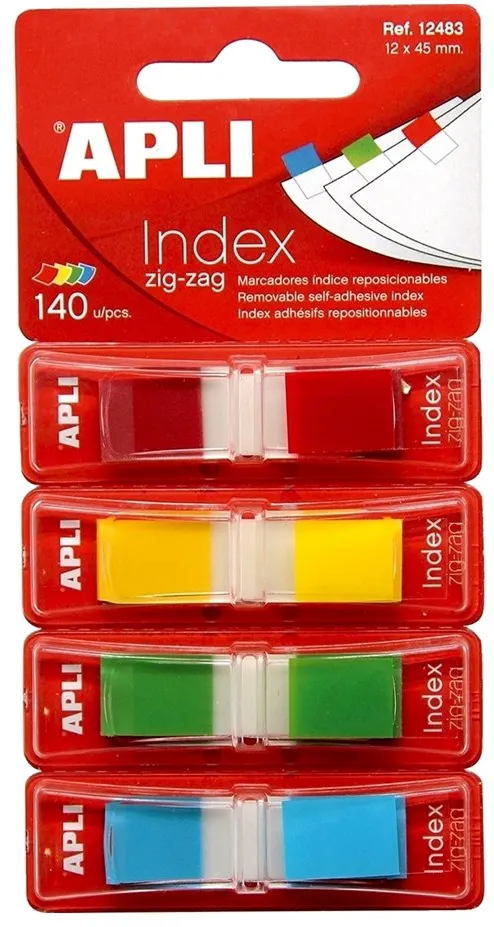 Index Apli, autoadeziv zig-zag, 12 x 45 mm, 4 culori mate (rosu, galben, verde, albastru)