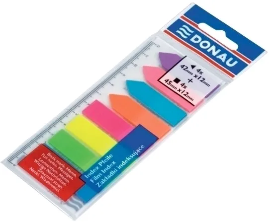 Index autoadeziv din plastic, Donau, dimensiuni 12 x 45 mm, 8 culori x 25 file/culoare