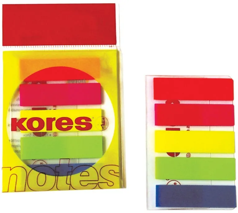 Index Kores, autoadeziv, plastic, 12 x 45 mm, 5 culori x 25 file/culoare