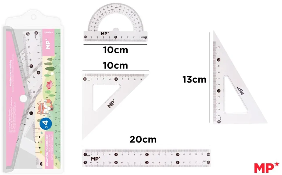 Set geometrie Main Paper, 4 piese, transparent, raportor, 2 echere, rigla 20 cm, blister roz