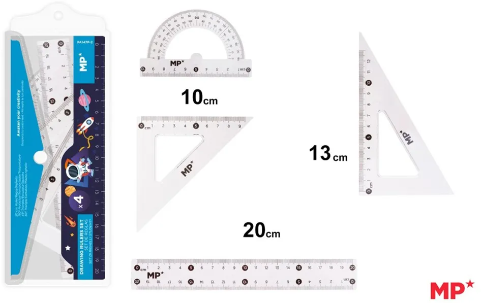 Set geometrie Main Paper, 4 piese, transparent, raportor, 2 echere, rigla 20 cm, albastru