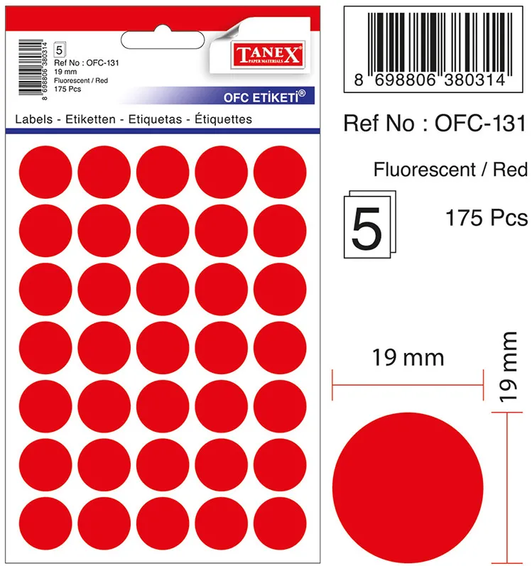 Etichete autoadezive rotunde, D19 mm, 175 buc/set, TANEX, rosu
