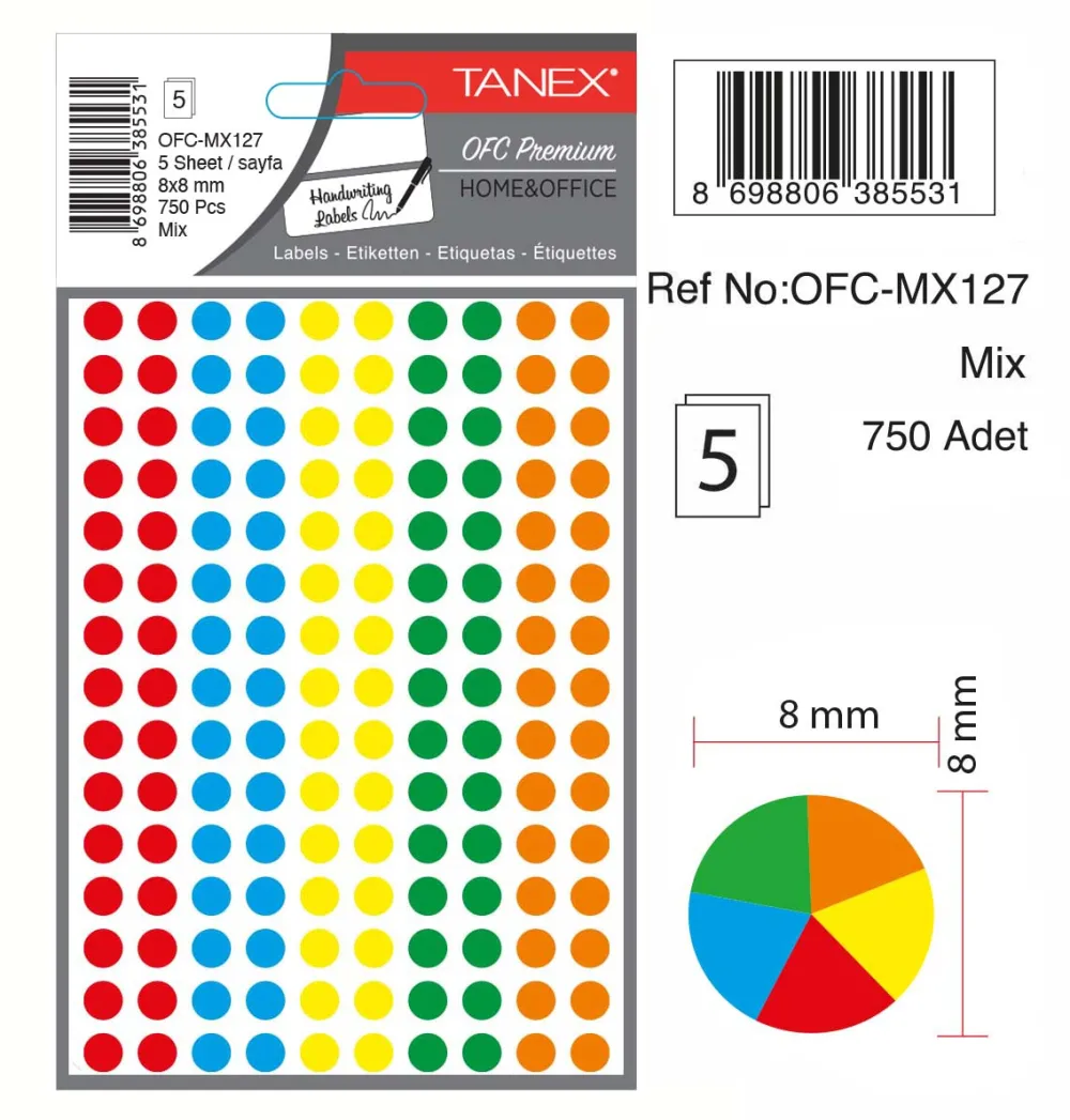 Etichete autoadezive rotunde, D 8 mm, 750 buc/set, TANEX, culori fluorescente asortate
