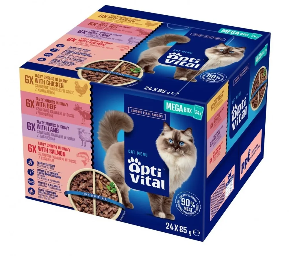 OPTIVITAL Box with chicken, beef, lamb, salmon - wet cat food - 24x85g