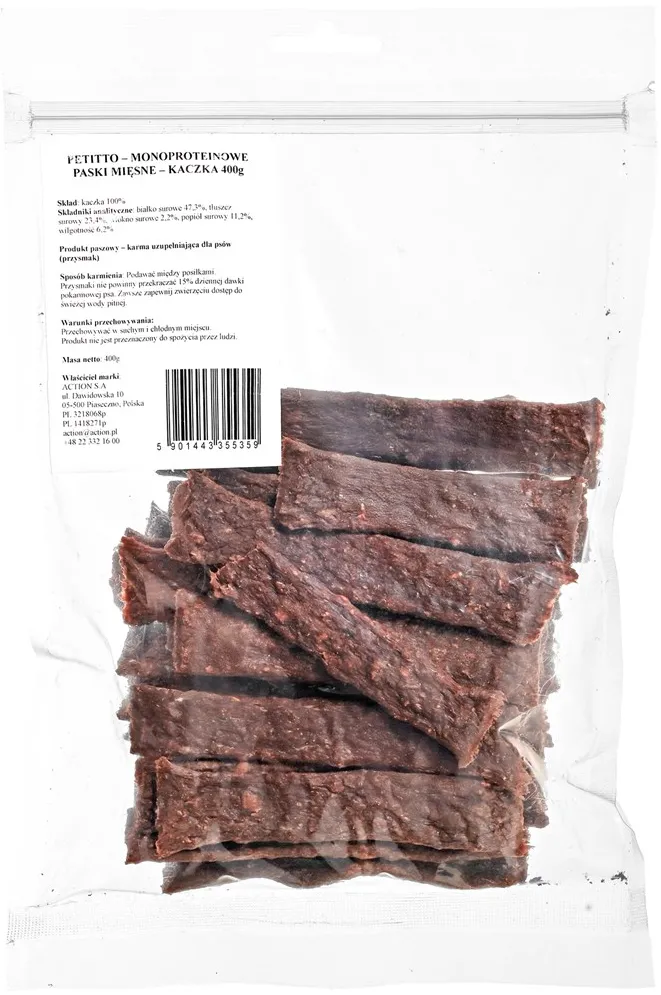 PETITTO Monoprotein meat strips Duck - dog treat - 400g