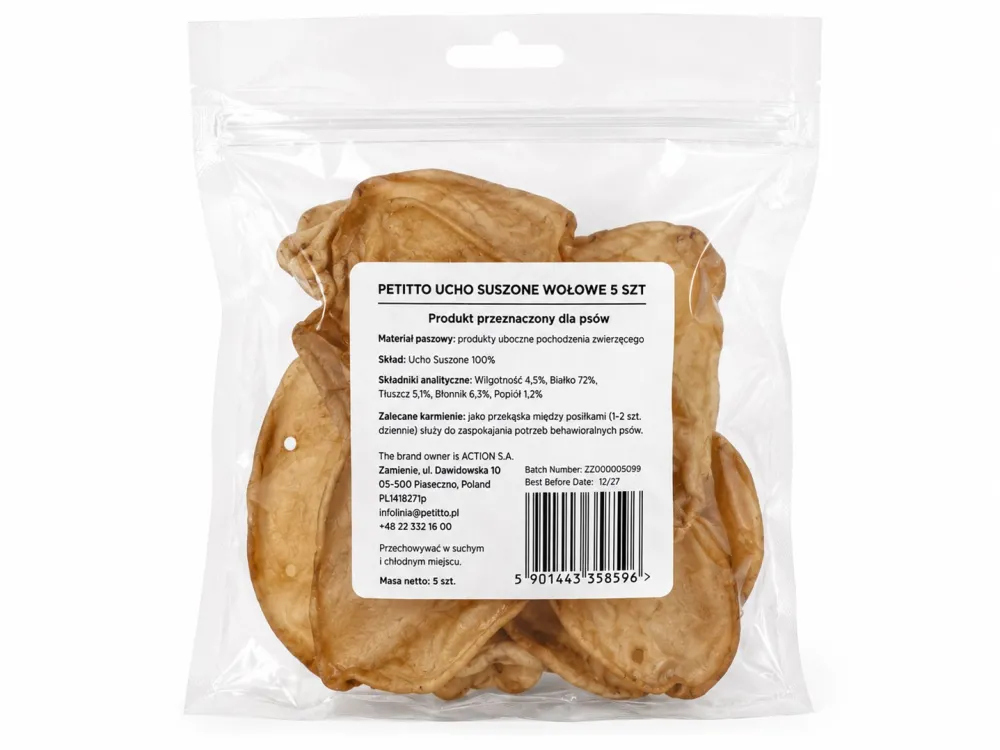PETITTO Dried beef ear Mono - dog treat - 5 pcs