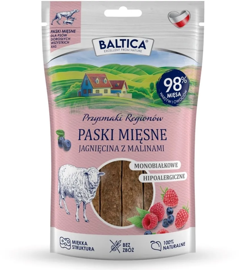 BALTICA Przysmaki Regionów Mono Meat Strips Lamb with Raspberries – dog treat – 90 g
