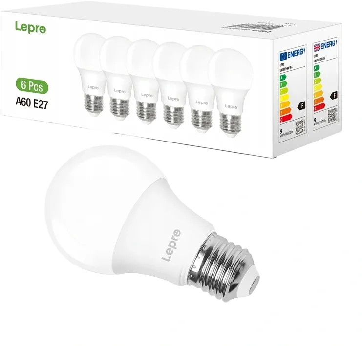 Bec LED LEPRO 100090-DW-EU-6, E27, A60, 8,5 W (60 W), 806 lm, 6500 K (alb rece), 180°, pachet de 6 bucăți