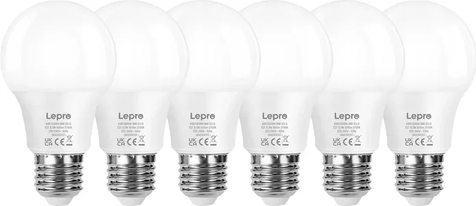 Bec LED LEPRO 100089-WW-EU-6, E27, A60, 8,5 W (60 W), 806 lm, 2700 K (lumină caldă), 180°, pachet de 6 bucăți