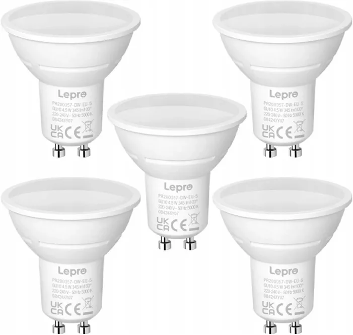 Bec LED LEPRO 200057-DW-EU-5, tip GU10, 4,5 W (echivalent 50 W), 345 lm, 5000 K, unghi de 100°, 5 buc.