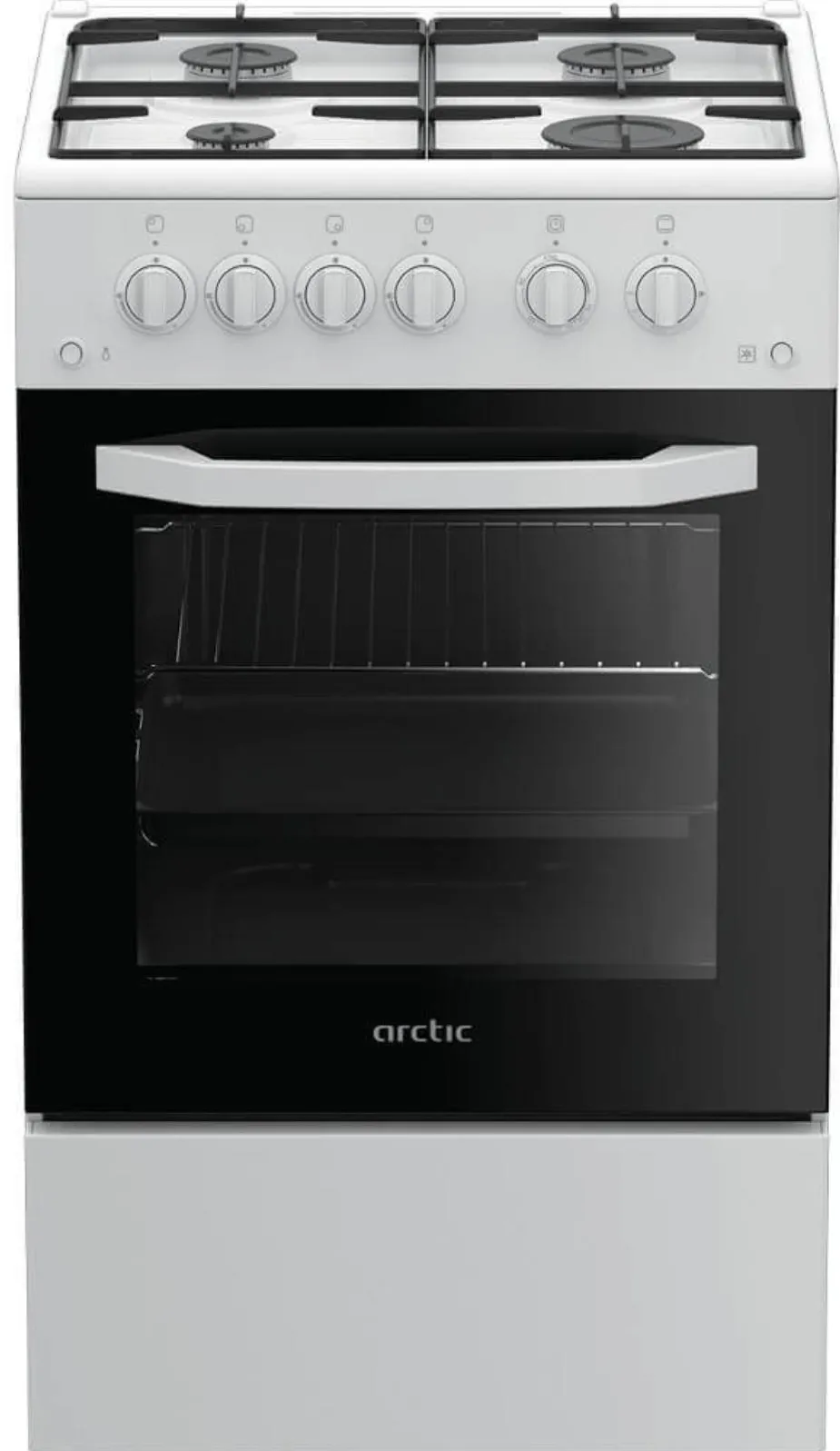 Aragaz Arctic AGM5511DTTL, 4 arzatoare gaz, dispozitiv siguranta cuptor si plita, aprindere electrica, iluminare cuptor, grill, timer,  tava emailata, gratar, culoare alba