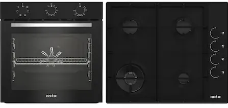 Pachet ARSE11130BD, cuptor electric, Clasa A, 71l, 6 functii de gatire, grill, AeroCooking, Aqua Drop Clean, plita gaz, arzator wok, Negru