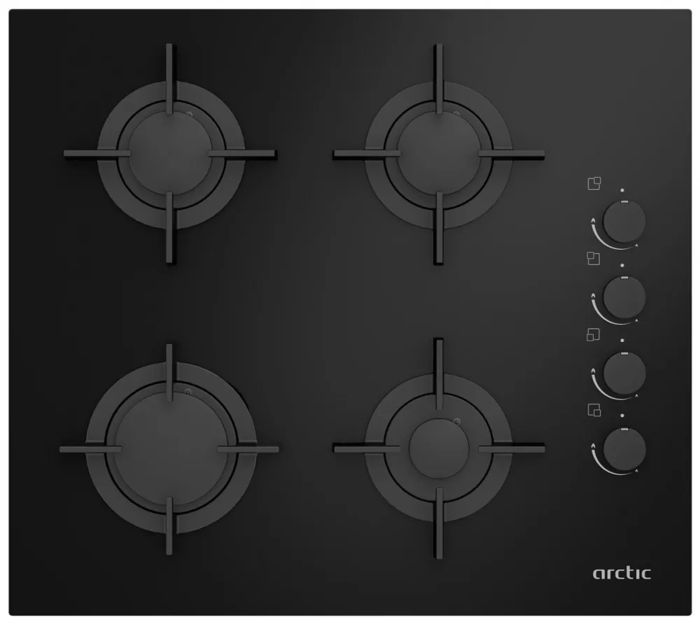Plita sticla ARSGN64125S, pe gaz, control butoane laterale negre, suport vase din fonta, 4 arzatoare, aprindere integrata, siguranta plita-Safety Plus, 60 cm latime, culoare negru