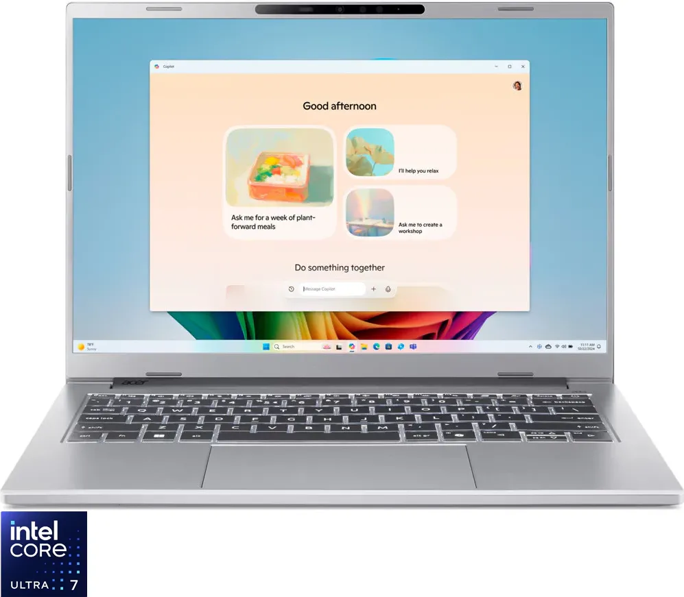 Laptop Acer Aspire 14 AI cu procesor Intel® Core™ Ultra 7 256V pana la 4.8 GHz, 14", WUXGA IPS, 120Hz, 16GB LPDDR5X, 512GB SSD, Intel® Arc™ Graphics 140V, Windows 11 Home, Pure Silver
