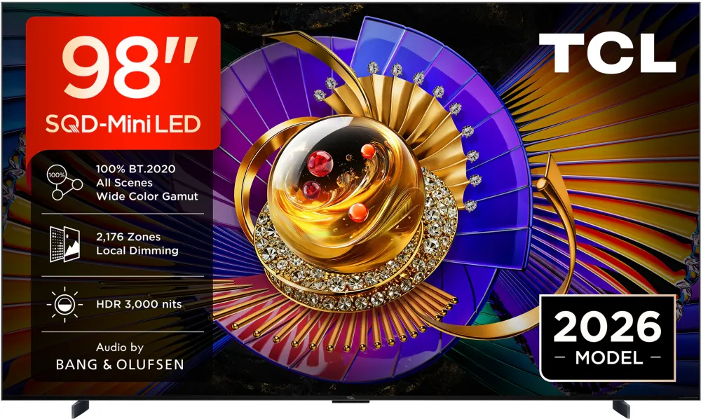 Televizor TCL SQD-MiniLed 98C7L, 248 cm, Smart Google TV, 4K Ultra HD, 144Hz, Sunet Bang & Olufsen, Clasa D (Model 2026)