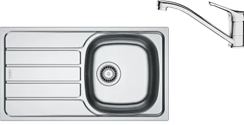 Pachet chiuveta bucatarie inox Franke SKN 611-78/44 ST, dreptunghiulara, 1 cuva si picurator pe partea stanga, 78x43.5x15 cm, adancime cuva 15 cm + Baterie Basic Crom, discuri ceramice, furtunuri flexibile inox, Inox lucios