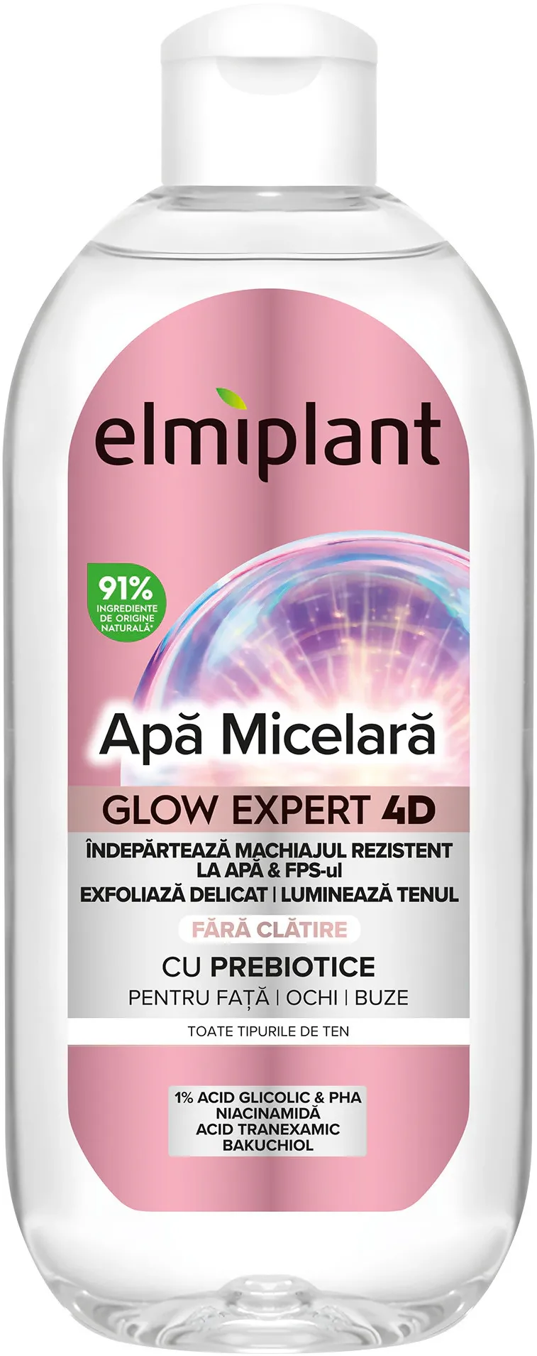 Apa micelara iluminatoare, Elmiplant GLOW EXPERT 4D, pentru fata, ochi si buze, cu Prebiotice, 400 ml