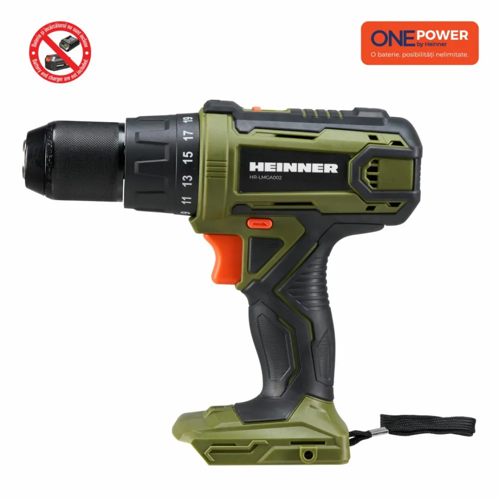 Masina de gaurit si insurubat (bormasina) pe acumulator cu impact Heinner HR-LMGA002, 18 V, 50 Nm, 1750 RPM, 9000-32.400 percutii/min, 13 mm mandrina, tehnologie OnePower, fara acumulator incarcator