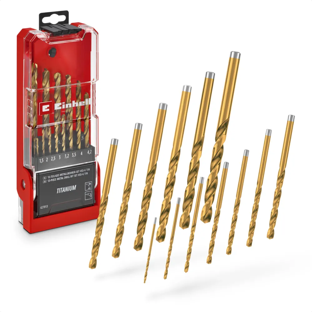 Set de 13 burghie metal Einhell HSS-G din titan, otel HSS 4341, acoperit cu titan, varf cu varf despicat la 135°, spirala tip N frezata, inclus cutie de depozitare
