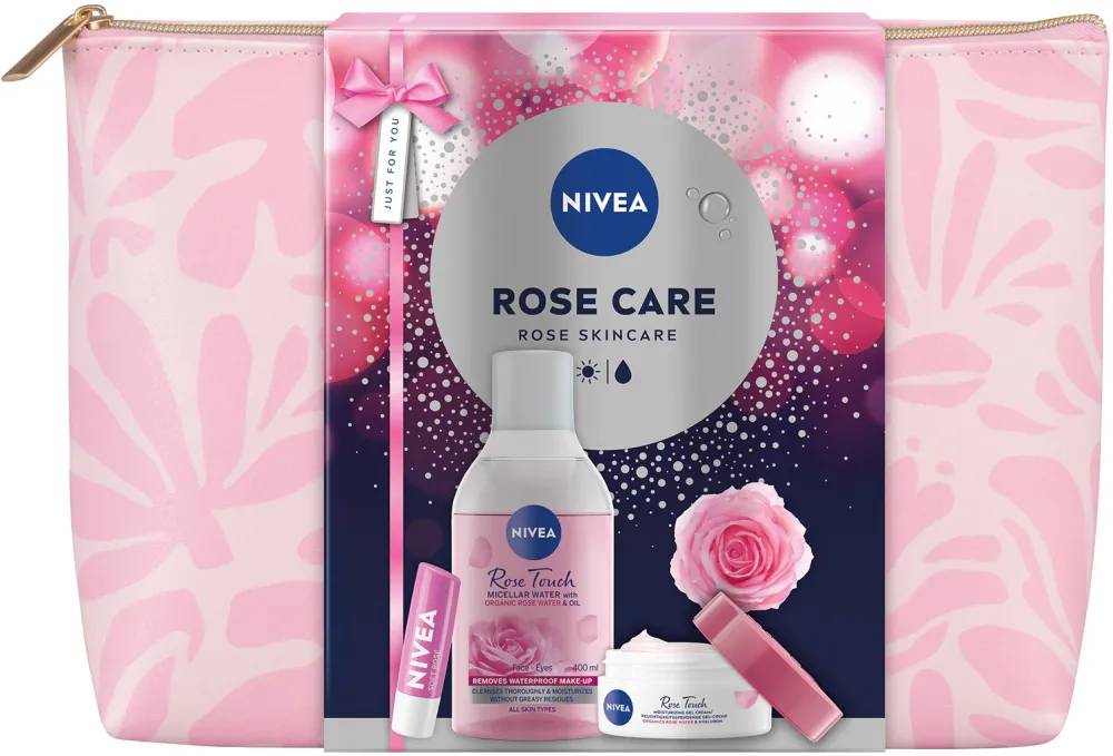 Set: Crema de zi NIVEA Rose Touch cu apa de trandafiri, 50 ml + Apa micelara NIVEA cu apa de trandafiri 400 ml + Balsam de buze NIVEA Soft Rose 5,5 ml + geanta cadou