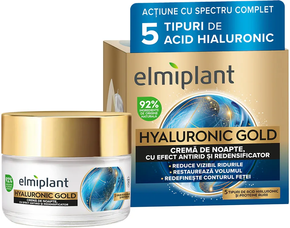 Crema de noapte anti-rid Elmiplant Hyaluronic Gold, 50 ml