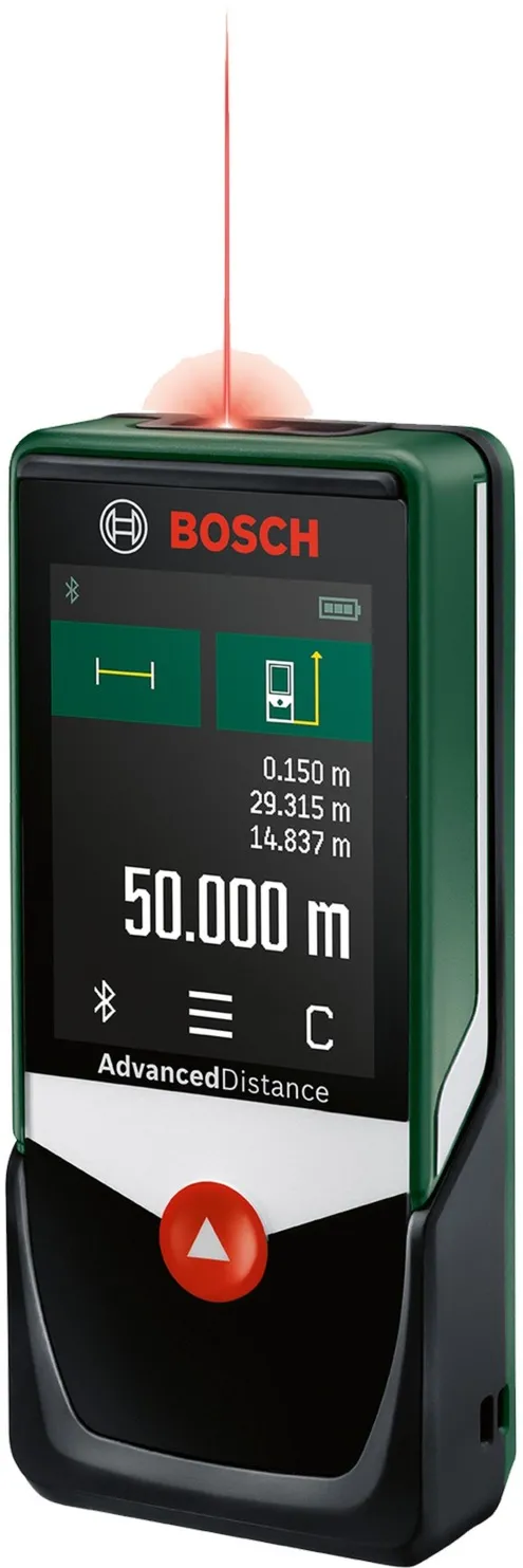 Telemetru Bosch AdvancedDistance 50C 06036722Z0, ecran tactil, masurarea precisa cu laser a distantelor de pana la 50 m, conectivitate bluetooth, masurare lungimi, suprafete si volume