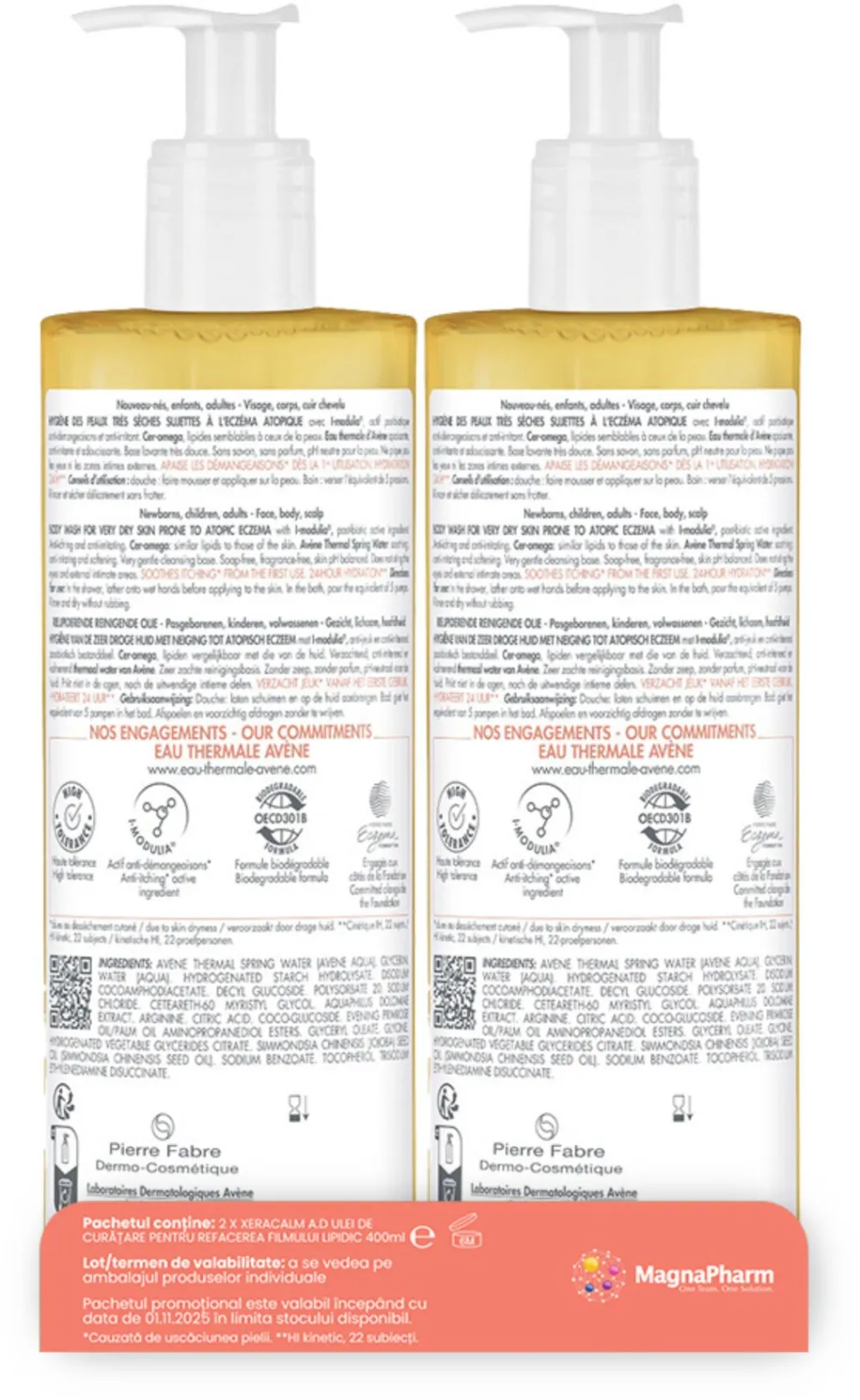 Pachet Ulei de curatare relipidant Xeracalm A.D. Avene pentru piele uscata cu tendita atopica, 2x400 ml
