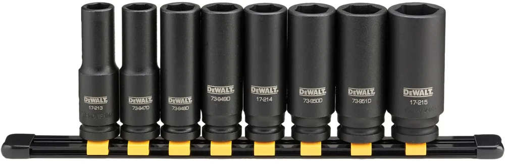 Set tubulare de impact 8 piese DeWALT DWMT86090-0, 1/2 inch, dimensiuni 13-24 mm, otel CR-440 tratat termic, tehnologie DirectTorque pentru rezistenta la uzura, protejate cu un strat de oxid negru, marcaj laser, suport sina