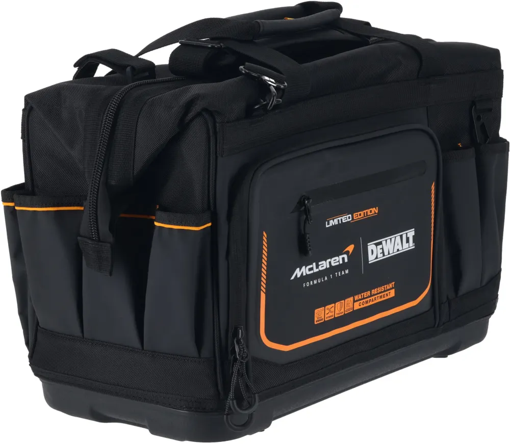 Geanta de scule DeWALT DWST60104-9, editie limitata McLaren, utilizari multiple, 33 de buzunare, piese acoperite cu metal, compartiment impermeabil, baza impermeabila, material durabil, structura consolidata
