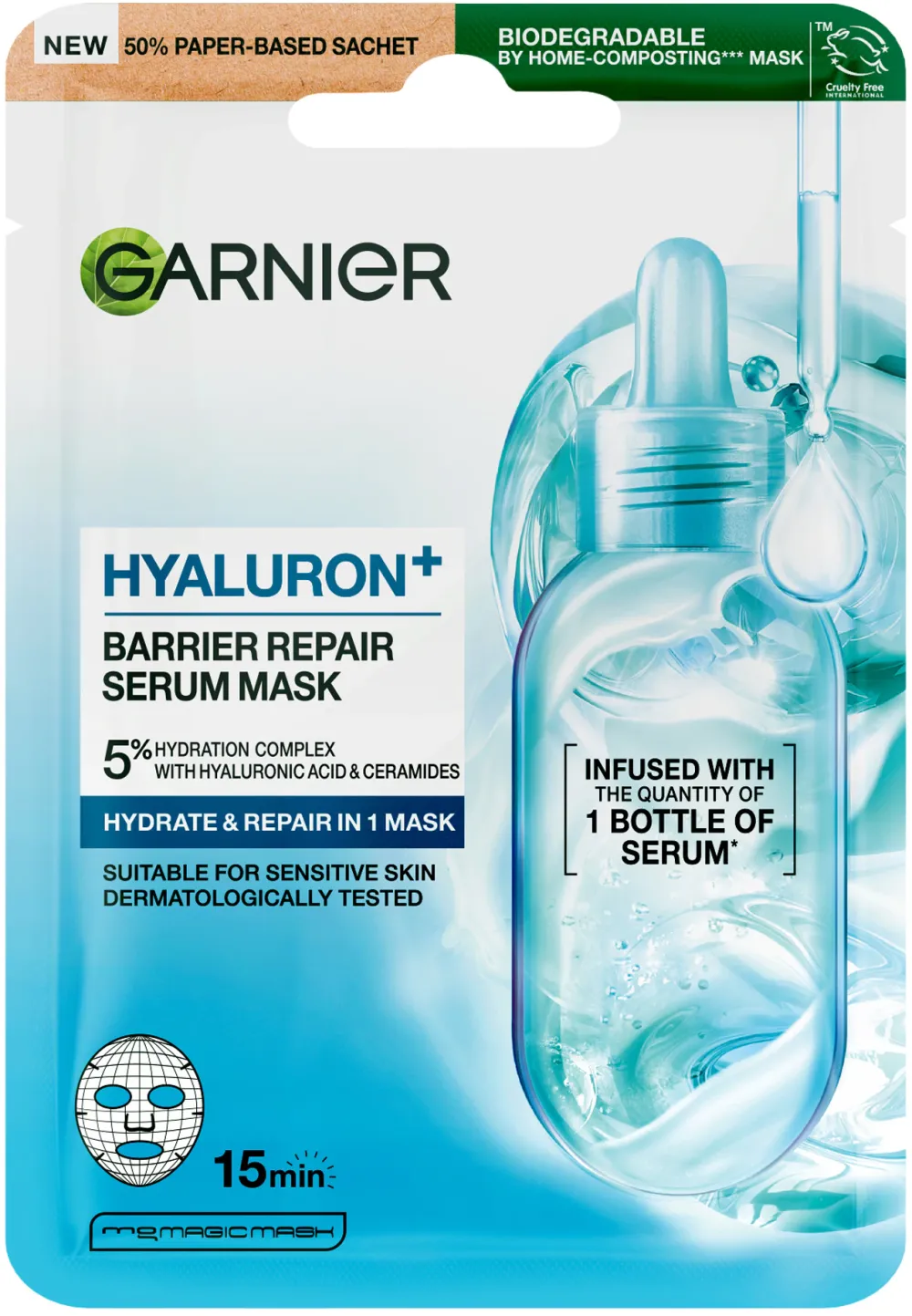 Masca Servetel Garnier Hyaluron Barrier Repair cu efect de hidratare, 28g