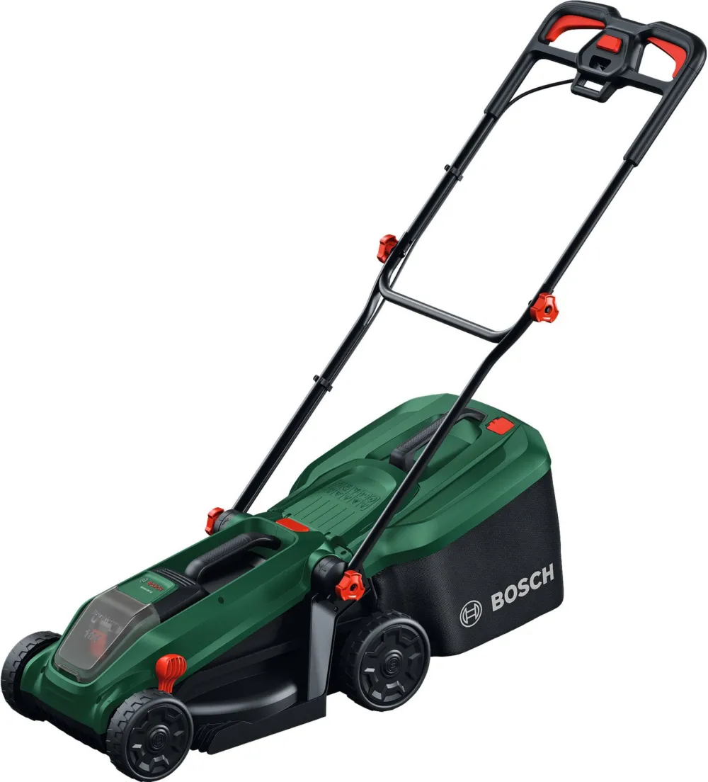 Masina de tuns gazon/iarba pe acumulator Bosch ROTAK18V-32, 18 V, latime taiere 32 cm, inaltime taiere 25-65 mm, 5 trepte de taiere, motor brushless, sac colector 35 l, include: acumulator 18V 4.0 Ah + incarcator