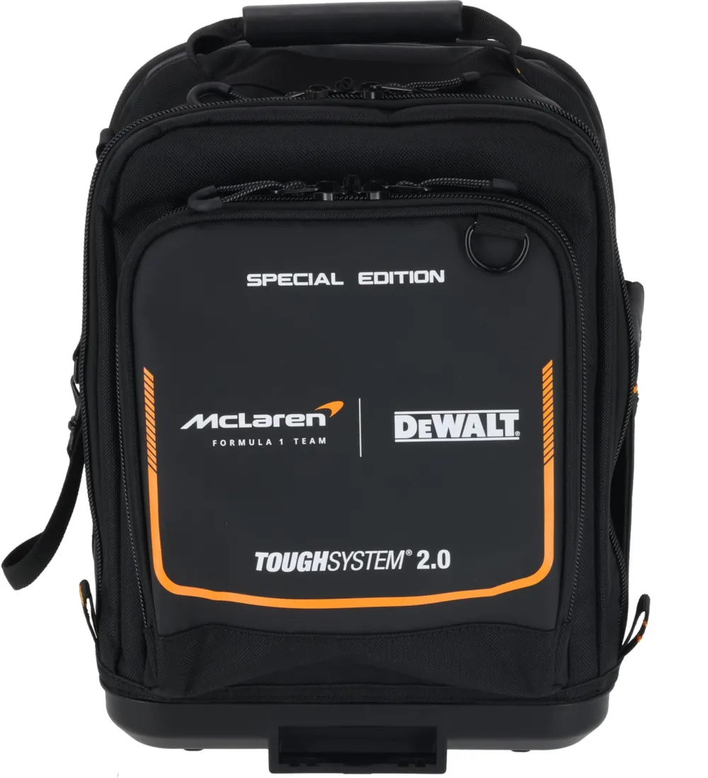 Geanta pentru scule multifunctionala DeWALT DWST83524-9, editie speciala McLaren, compatibila cu ToughSystem 2.0, depozitare convenabila pentru unelte manuale si accesorii, multiple buzunare interne, baza impermeabila, capacitate 18kg