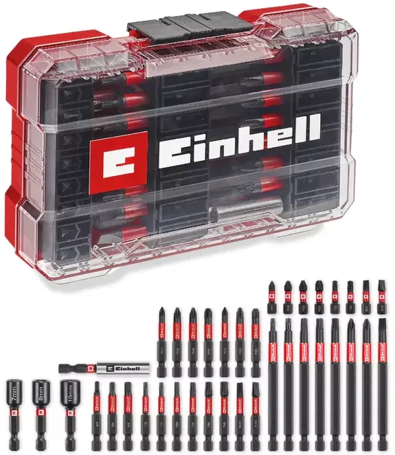 Set de biti de impact original Einhell M-CASE din 38 de piese, biti de 25 mm, biti de 50 mm, biti de 90 mm, chei hexagonale, suport de biti de 60 mm Inclusiv cutie de depozitare
