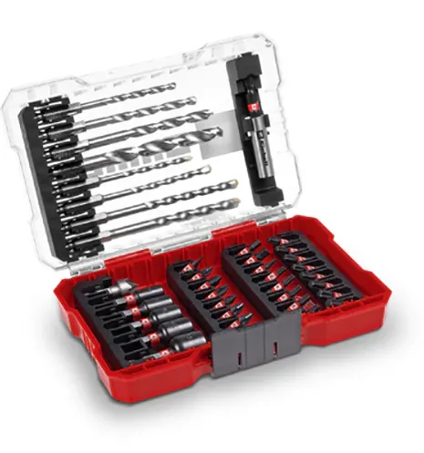 Set 39 biti si burghie Einhell 49108763, biti de 25 mm, burghie de metal, burghie universale, suport biti 60 mm, chei tubulare, freza cu cap infundat, cutie de depozitare