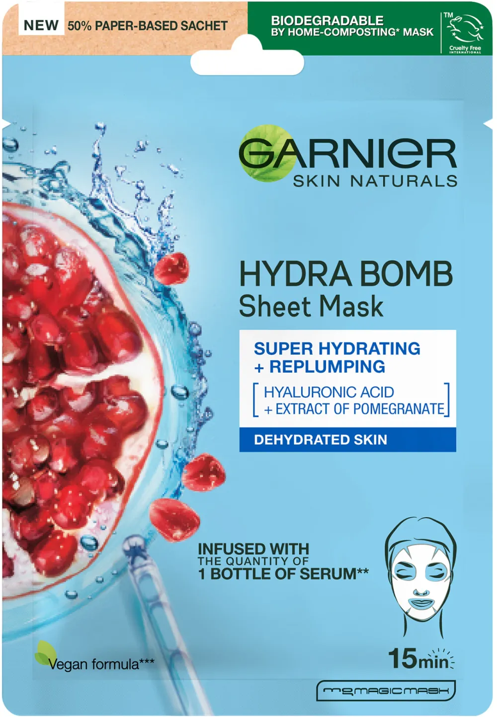 Masca servetel Garnier Moisture + Aqua Bomb cu rodie, 32 g